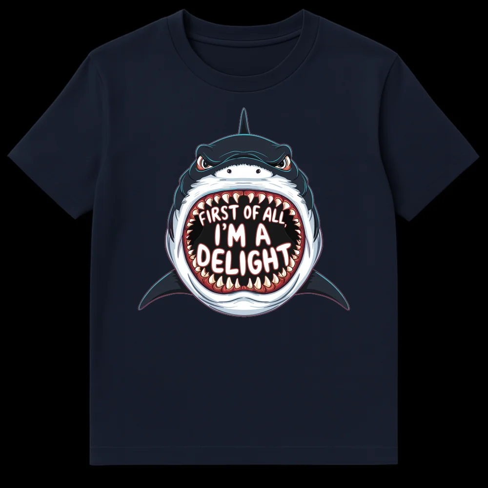 Humorous t-shirt featuring an aggressive cartoon shark with open mouth and sharp teeth, saying 'FIRST OF ALL, I'M A DELIGHT' in white text. on Navy Blue t-shirt