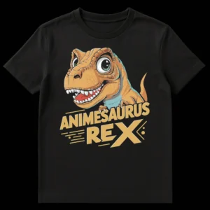 ANIMESAURUS REX t-shirt with a cheerful, cartoon-style Tyrannosaurus Rex in golden-orange with teal accents, against a black background. on Black t-shirt