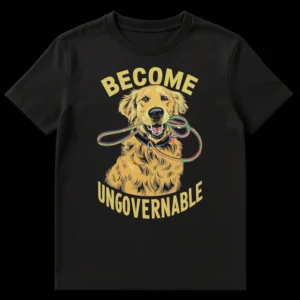 Golden Retriever dog holding leash with 'Become Ungovernable' text t-shirt on Black t-shirt