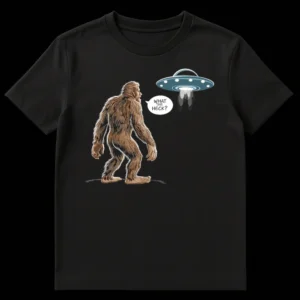 Bigfoot UFO T-Shirt with 'WHAT THE HECK?' text, showing Sasquatch surprised by an alien abduction beam. on Black t-shirt