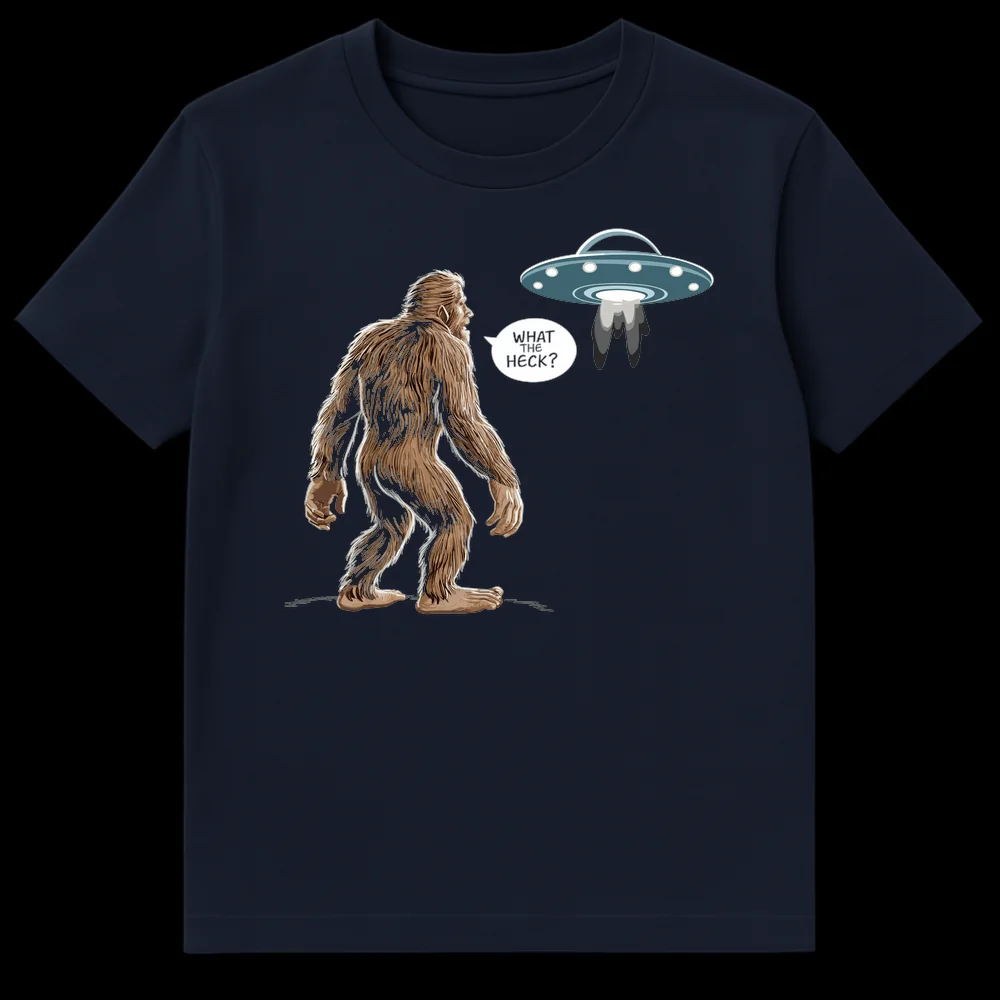 Bigfoot UFO T-Shirt with 'WHAT THE HECK?' text, showing Sasquatch surprised by an alien abduction beam. on Navy Blue t-shirt