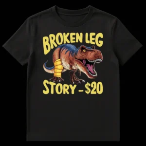 T-Rex t-shirt with a bandaged leg and 'BROKEN LEG STORY - $20' text, funny dinosaur pun on Black t-shirt