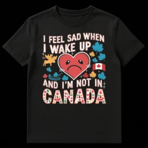 I FEEL SAD WHEN I WAKE UP AND I'M NOT IN CANADA t-shirt design featuring a sad heart, moose, maple leaves, and a Canadian flag on a black tee on Black t-shirt