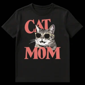 Cat Mom t-shirt with cool tabby cat wearing sunglasses and vintage text on Black t-shirt