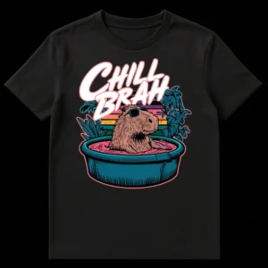 Chill Brah Capybara T-shirt featuring a capybara in sunglasses in a pink hot tub with a synthwave sunset and tropical leaves on a black background. on Black t-shirt