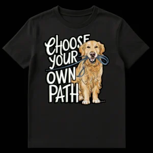 Golden Retriever dog t-shirt 'Choose Your Own Path' with dog holding leash on Black t-shirt