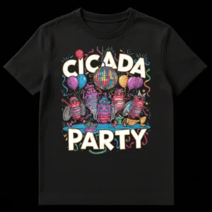 Vibrant 'CICADA PARTY' t-shirt with colorful cartoon cicadas dancing under a disco ball on a black background on Black t-shirt