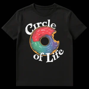 Circle of Life Donut T-Shirt - Distressed vintage cartoon donut graphic with 'Circle of Life' text on a black background on Black t-shirt