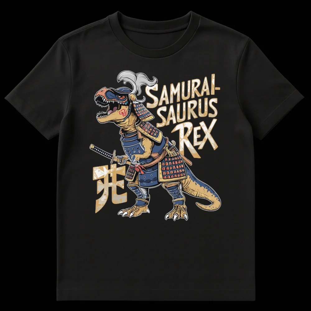 Samurai-Saurus Rex T-Shirt featuring a T-Rex in full samurai armor holding a katana, with the text 'SAMURAI-SAURUS REX' and Japanese kanji 'æ»' (death). on Black t-shirt