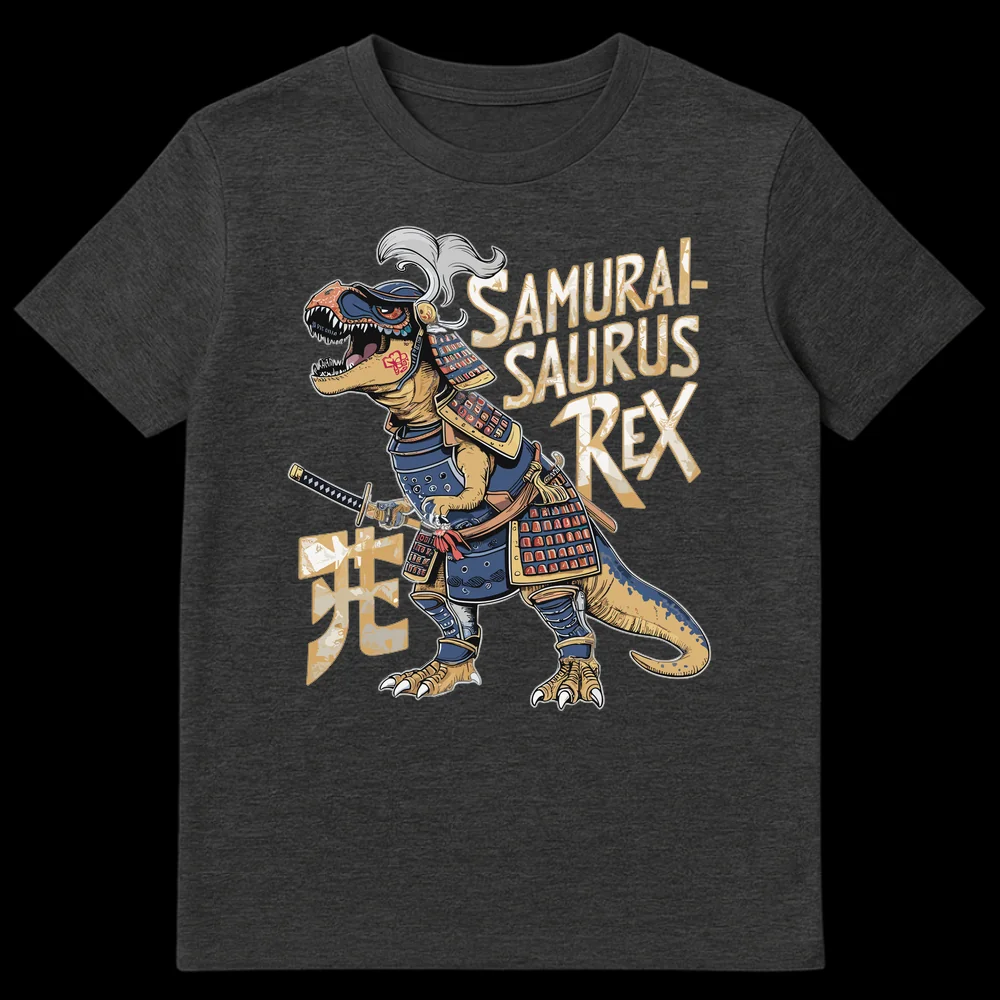Samurai-Saurus Rex T-Shirt featuring a T-Rex in full samurai armor holding a katana, with the text 'SAMURAI-SAURUS REX' and Japanese kanji 'æ»' (death). on Dark Heather t-shirt