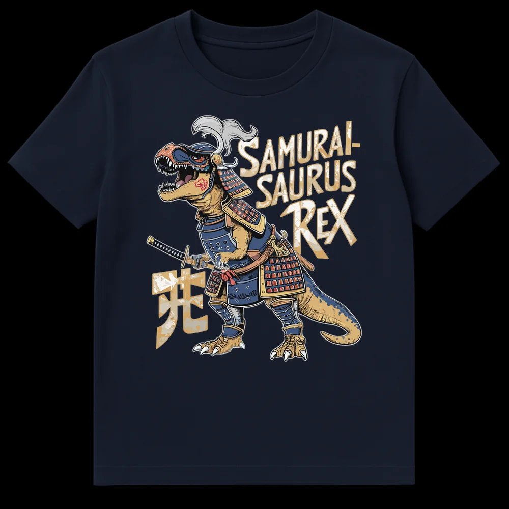 Samurai-Saurus Rex T-Shirt featuring a T-Rex in full samurai armor holding a katana, with the text 'SAMURAI-SAURUS REX' and Japanese kanji 'æ»' (death). on Navy Blue t-shirt