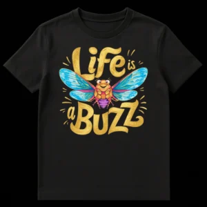 Vibrant 'Life is a BUZZ' cicada t-shirt design featuring a smiling cartoon cicada and golden yellow text on a black background on Black t-shirt