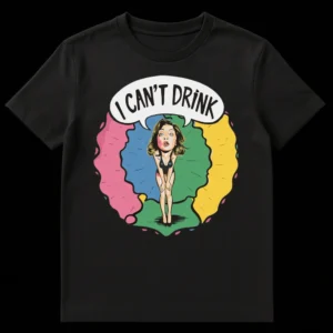 Pop Art style t-shirt with a stylized woman in a speech bubble saying 'I CAN'T DRINK' in a vibrant comic book aesthetic. on Black t-shirt