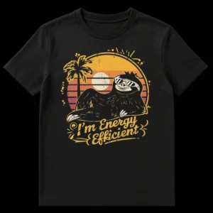 Humorous 'I'm Energy Efficient' t-shirt featuring a cartoon sloth wearing sunglasses on a distressed vintage sunset background with a palm tree. on Black t-shirt