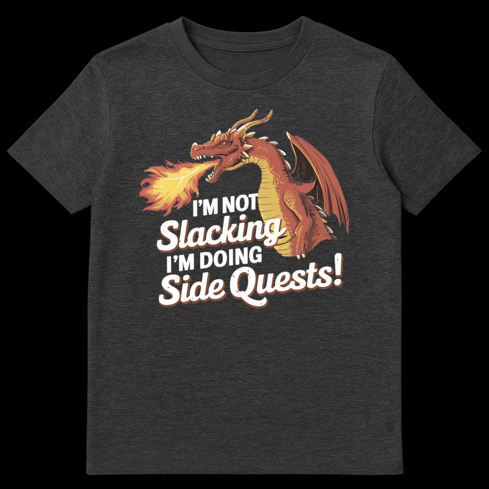 Humorous gamer t-shirt featuring a red dragon and 'I'm Not Slacking I'm Doing Side Quests!' slogan on Dark Heather t-shirt