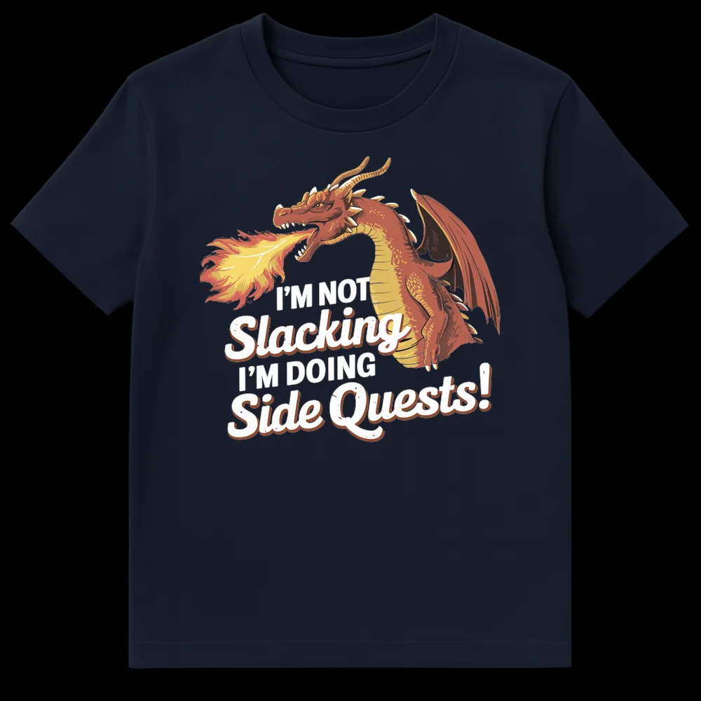 Humorous gamer t-shirt featuring a red dragon and 'I'm Not Slacking I'm Doing Side Quests!' slogan on Navy Blue t-shirt