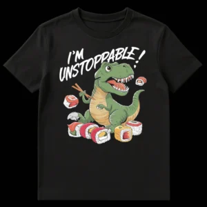 Humorous T-Rex dinosaur cartoon with tiny arms eating sushi with chopsticks and text "I'M UNSTOPPABLE!" on a black background on Black t-shirt
