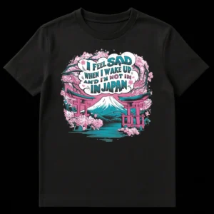 T-shirt with Mount Fuji, cherry blossoms, torii gates, and text 'I FEEL SAD WHEN I WAKE UP AND I'M NOT IN JAPAN' on Black t-shirt