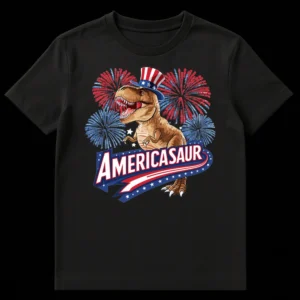 Americasaur T-Rex wearing an Uncle Sam hat, roaring with fireworks and American flag colors on a black t-shirt on Black t-shirt
