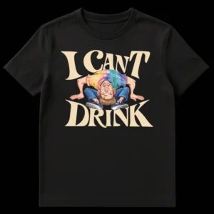 Humorous 'I CAN'T DRINK' t-shirt with a contorted figure in a tie-dye shirt, depicting a visual pun about drinking on Black t-shirt