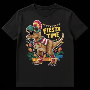 Cartoon T-Rex in a vibrant fiesta costume holding maracas with 'FIESTA TIME' text and colorful decorations on a black t-shirt on Black t-shirt