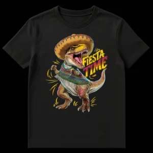 Detailed cartoon T-Rex in sombrero and serape with 'Fiesta Time' text against a black background on Black t-shirt