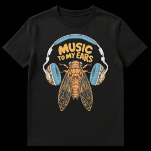 Detailed illustration of a cicada wearing over-ear headphones with 'MUSIC TO MY EARS' text. Black t-shirt with orange, blue, and gold design. on Black t-shirt