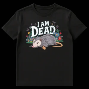 Opossum 'I AM DEAD' t-shirt with whimsical cartoon opossum giving a thumbs up surrounded by flowers and dragonflies on black background on Black t-shirt