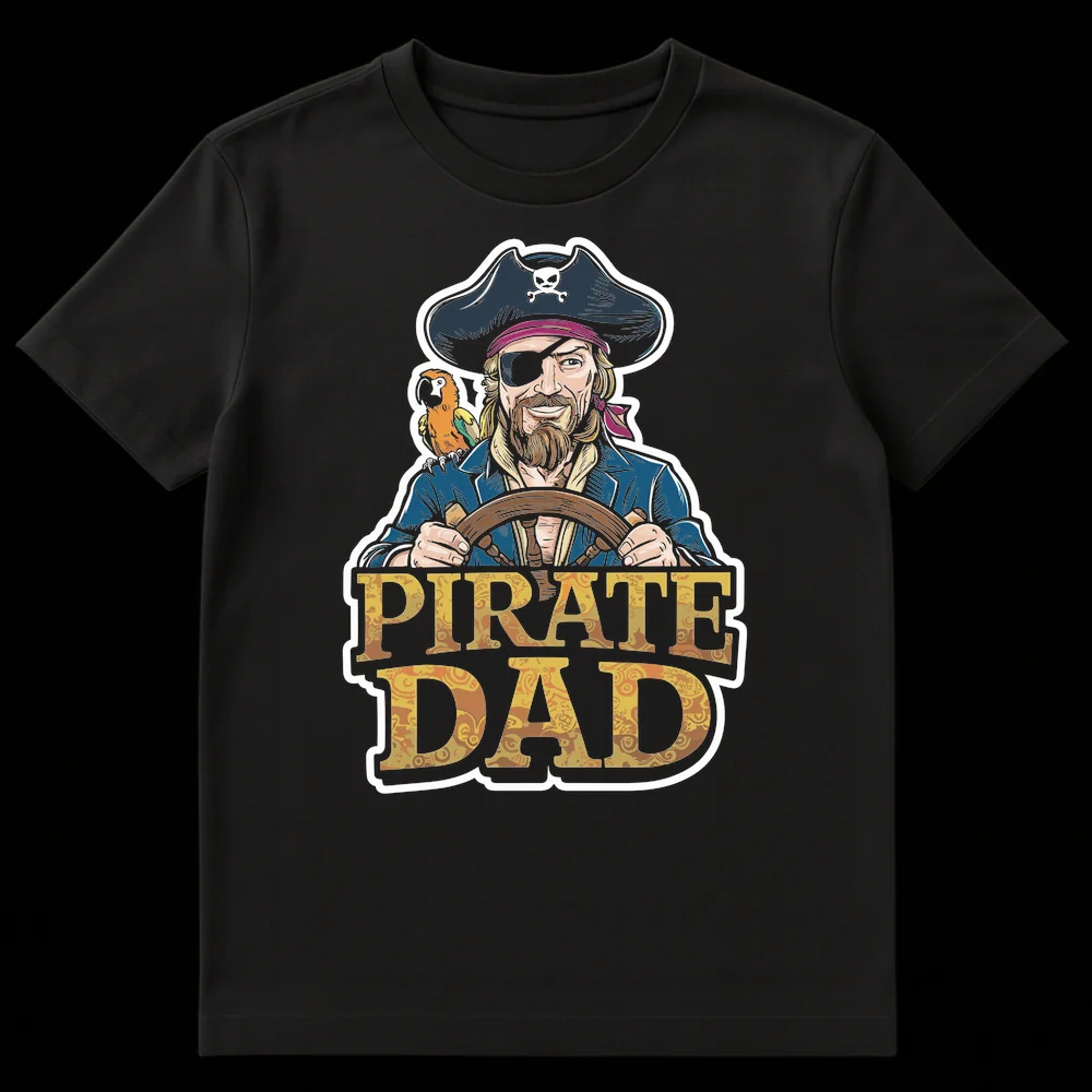 Pirate Dad T-Shirt with comic style illustration of a pirate, parrot, and ship's wheel. Golden text 'PIRATE DAD'. on Black t-shirt