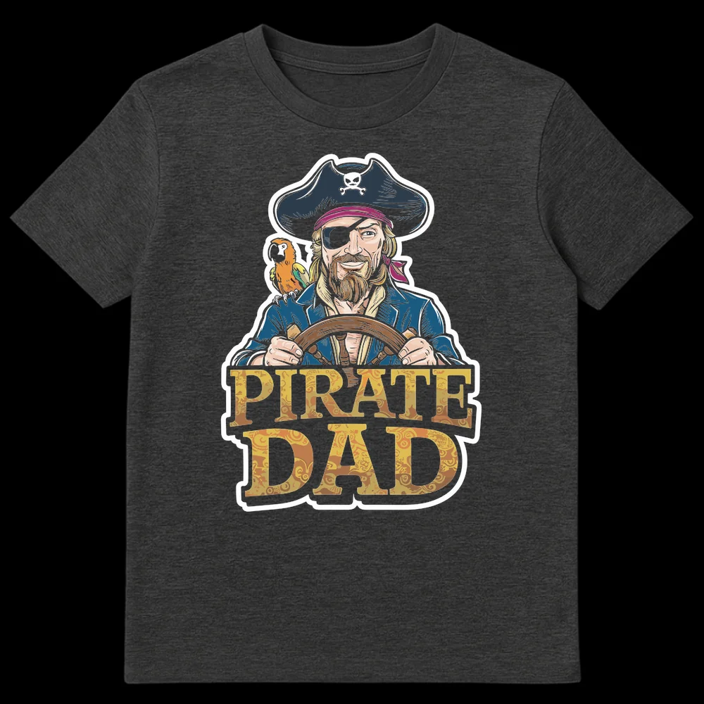 Pirate Dad T-Shirt with comic style illustration of a pirate, parrot, and ship's wheel. Golden text 'PIRATE DAD'. on Dark Heather t-shirt