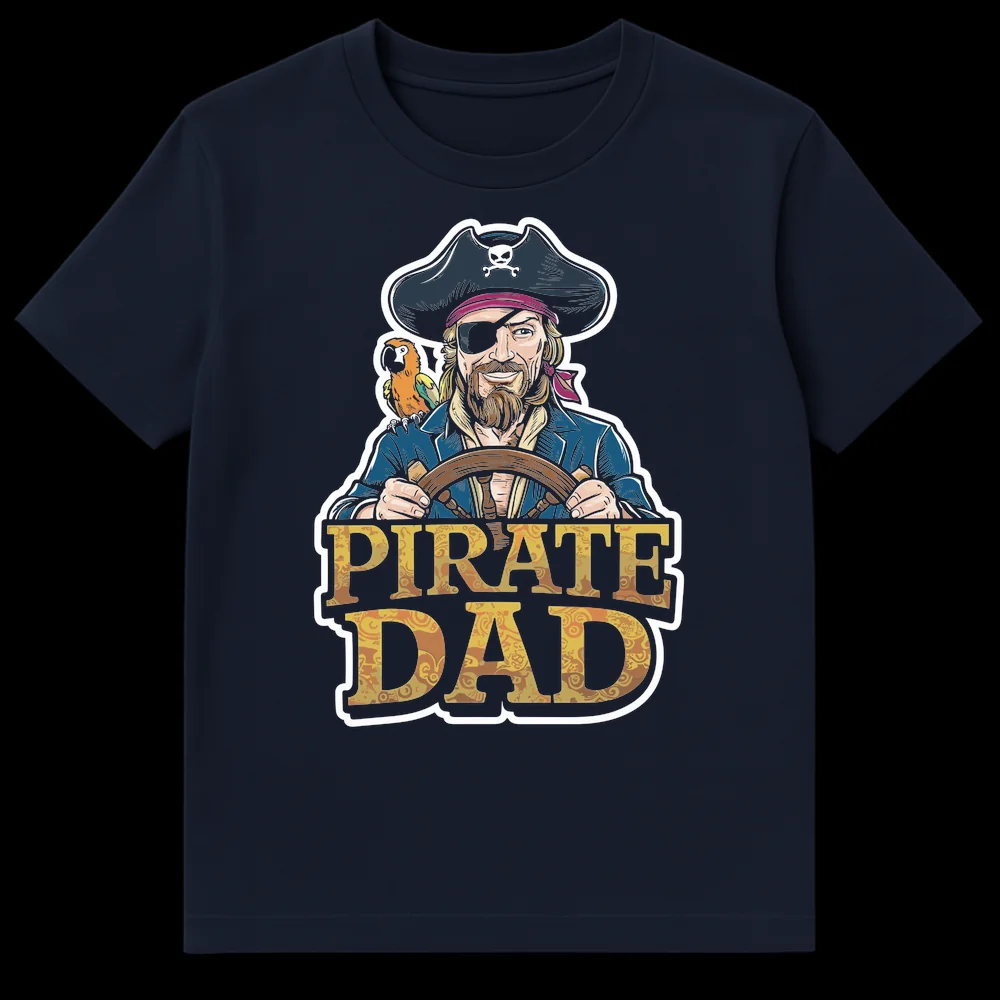 Pirate Dad T-Shirt with comic style illustration of a pirate, parrot, and ship's wheel. Golden text 'PIRATE DAD'. on Navy Blue t-shirt