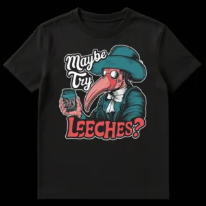 Plague doctor wearing a beak mask, wide hat, and coat, holding a jar of leeches with text 'Maybe Try LEECHES?' in vintage etching style on a black t-shirt. on Black t-shirt