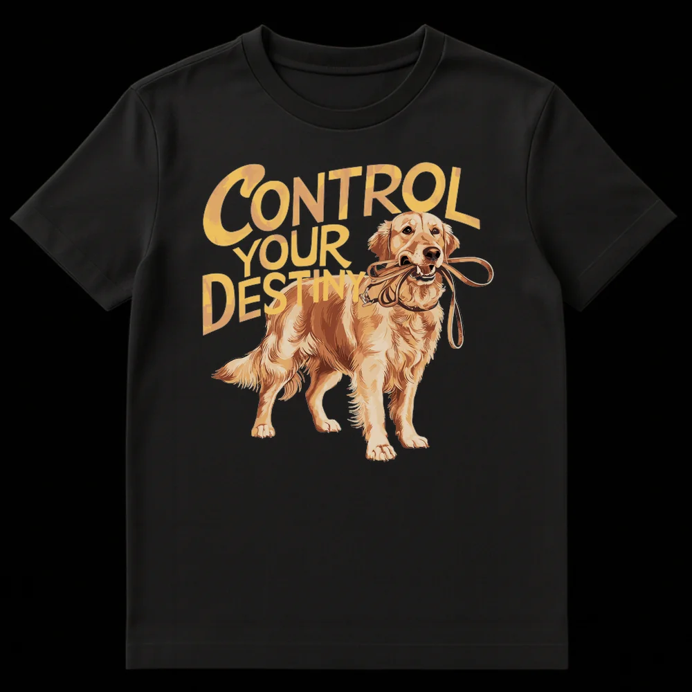 Golden Retriever holding leash in mouth with 'CONTROL YOUR DESTINY' text on black t-shirt on Black t-shirt