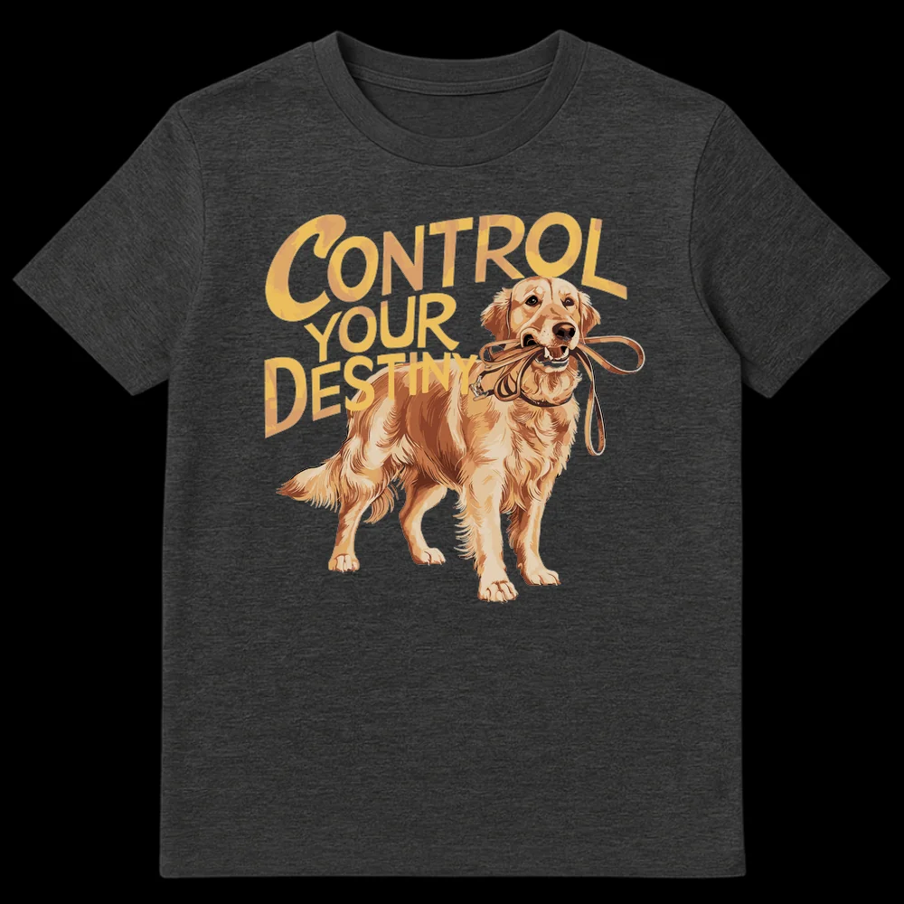 Golden Retriever holding leash in mouth with 'CONTROL YOUR DESTINY' text on black t-shirt on Dark Heather t-shirt