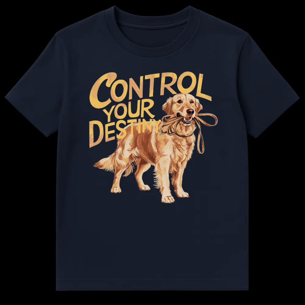 Golden Retriever holding leash in mouth with 'CONTROL YOUR DESTINY' text on black t-shirt on Navy Blue t-shirt