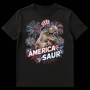 America Saur T-Shirt with a roaring T-Rex in an Uncle Sam hat and fireworks, featuring patriotic colors and the text AMERICA SAUR on Black t-shirt