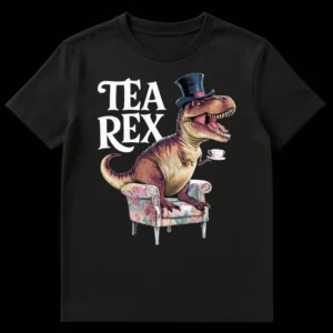 T-Rex wearing a top hat and sipping tea in an armchair, with the text 'TEA REX' above. Humorous dinosaur design. on Black t-shirt