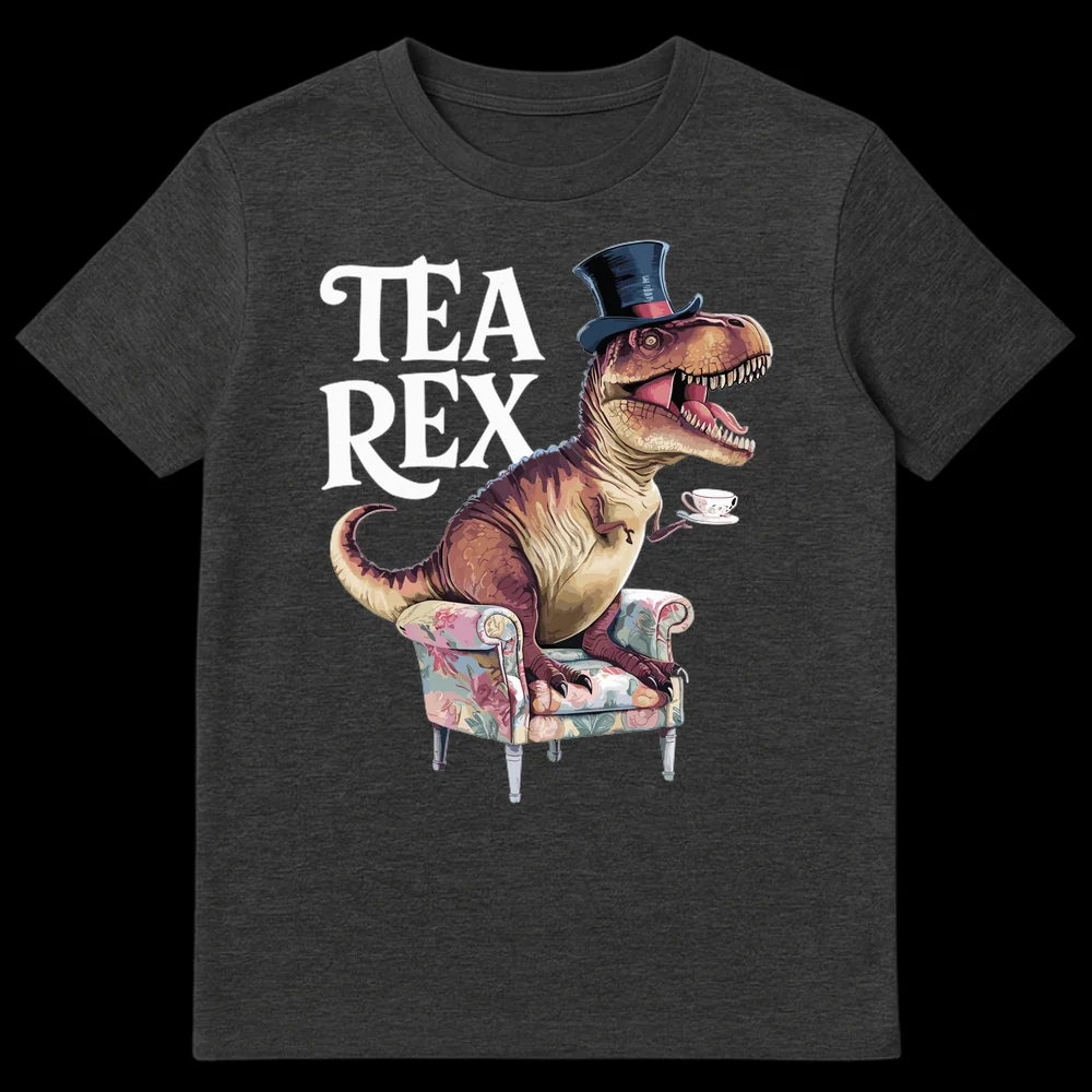 T-Rex wearing a top hat and sipping tea in an armchair, with the text 'TEA REX' above. Humorous dinosaur design. on Dark Heather t-shirt