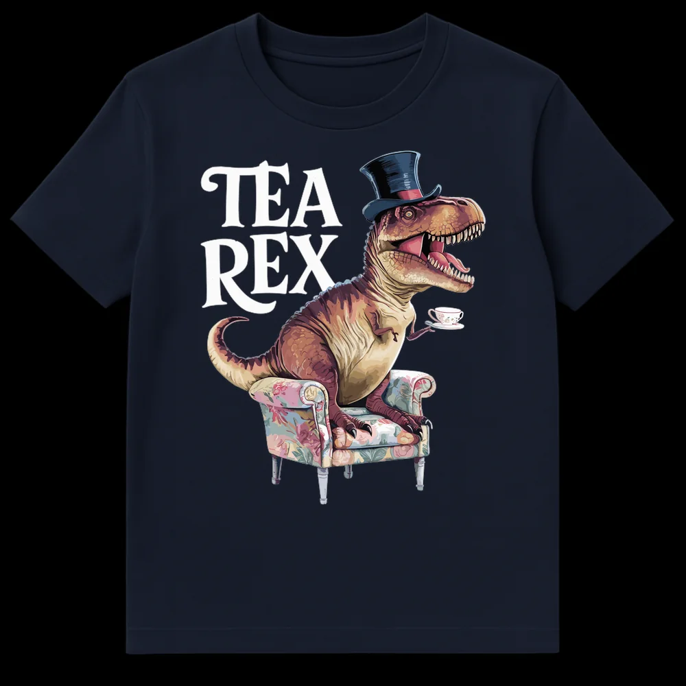 T-Rex wearing a top hat and sipping tea in an armchair, with the text 'TEA REX' above. Humorous dinosaur design. on Navy Blue t-shirt