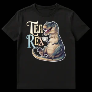 TEA REX T-Shirt with a detailed cartoon T-Rex wearing a bow tie and holding a teacup on a black background on Black t-shirt