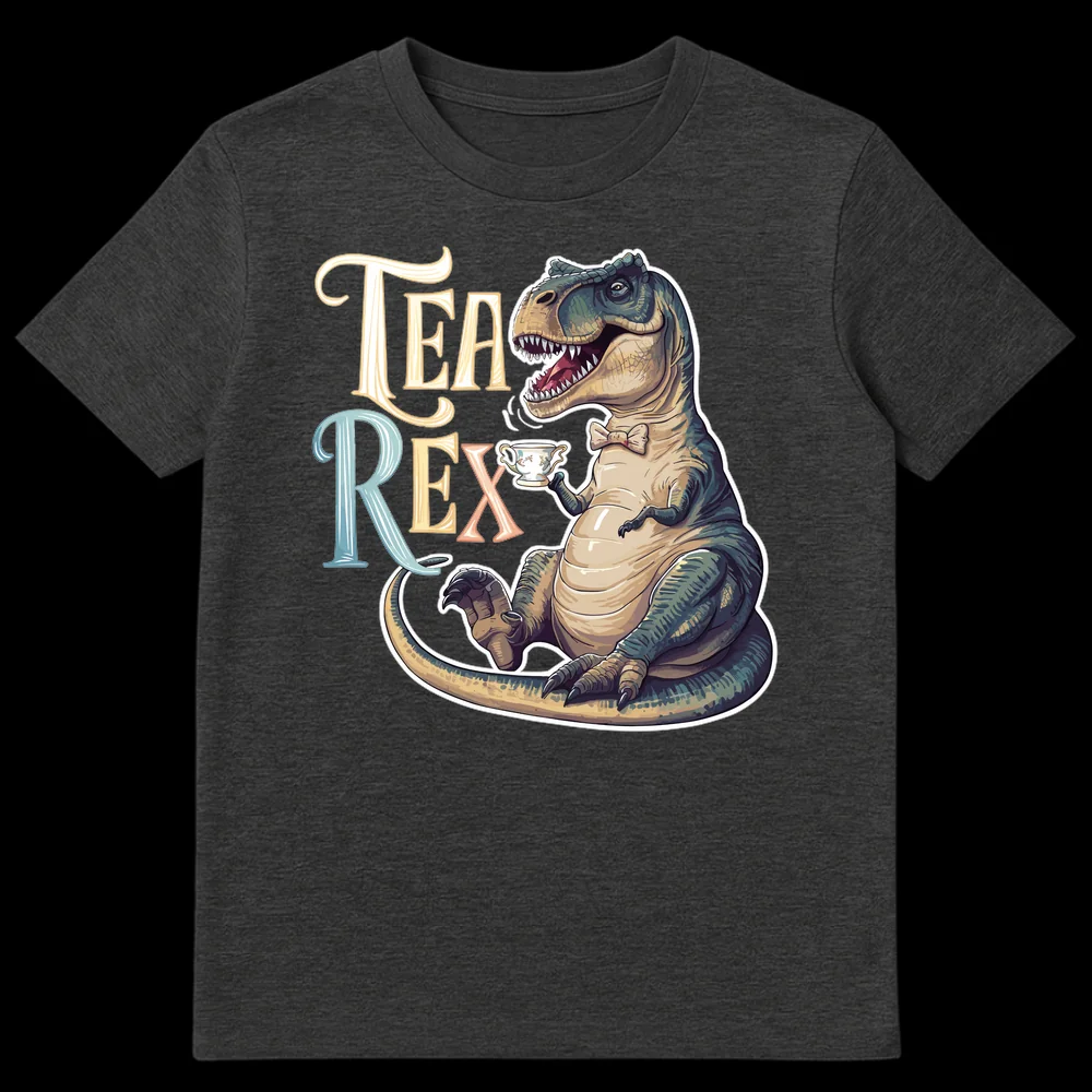 TEA REX T-Shirt with a detailed cartoon T-Rex wearing a bow tie and holding a teacup on a black background on Dark Heather t-shirt
