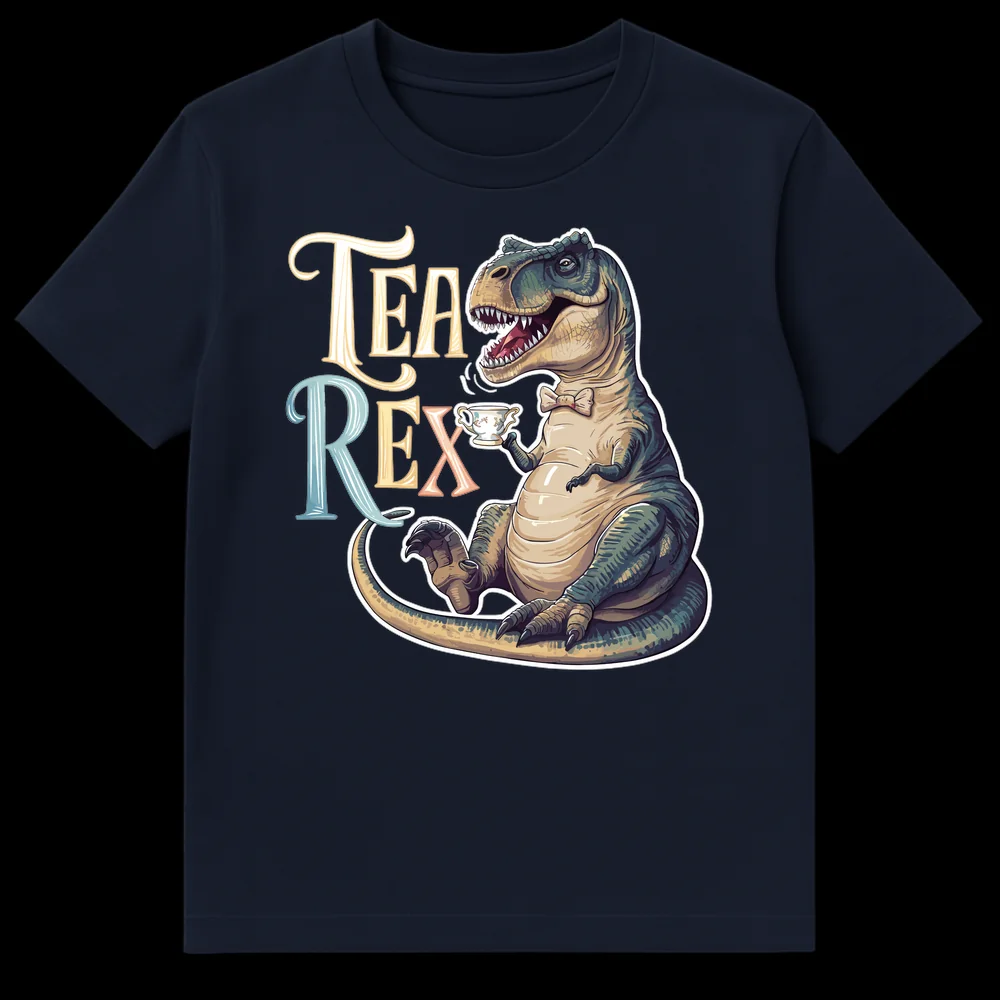 TEA REX T-Shirt with a detailed cartoon T-Rex wearing a bow tie and holding a teacup on a black background on Navy Blue t-shirt