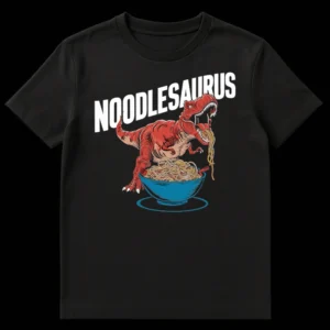 Noodlesaurus t-shirt design with a cartoon T-Rex eating ramen from a teal bowl with chopsticks, and the word NOODLESAURUS in white. on Black t-shirt