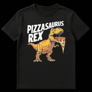 Pizzasaurus Rex T-Shirt with a cartoon Tyrannosaurus Rex dinosaur eating a slice of pepperoni pizza on Black t-shirt