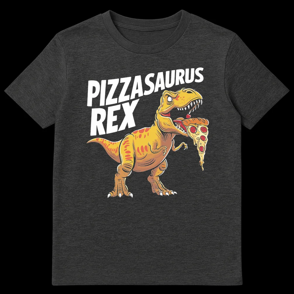 Pizzasaurus Rex T-Shirt with a cartoon Tyrannosaurus Rex dinosaur eating a slice of pepperoni pizza on Dark Heather t-shirt