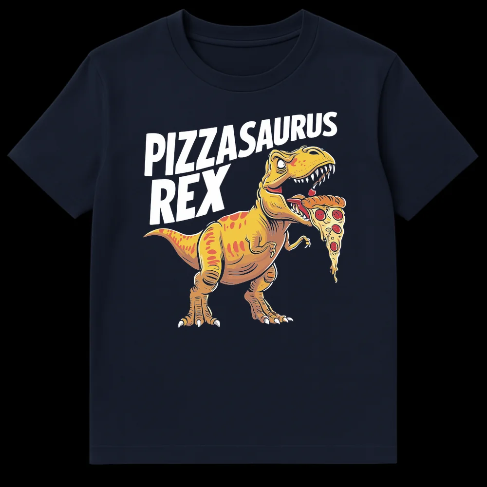 Pizzasaurus Rex T-Shirt with a cartoon Tyrannosaurus Rex dinosaur eating a slice of pepperoni pizza on Navy Blue t-shirt