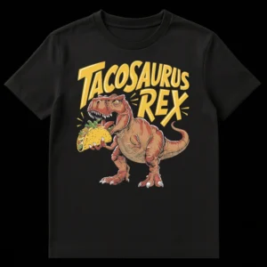 Humorous 'Tacosaurus Rex' t-shirt design showing a comic-style Tyrannosaurus Rex holding a large taco on Black t-shirt