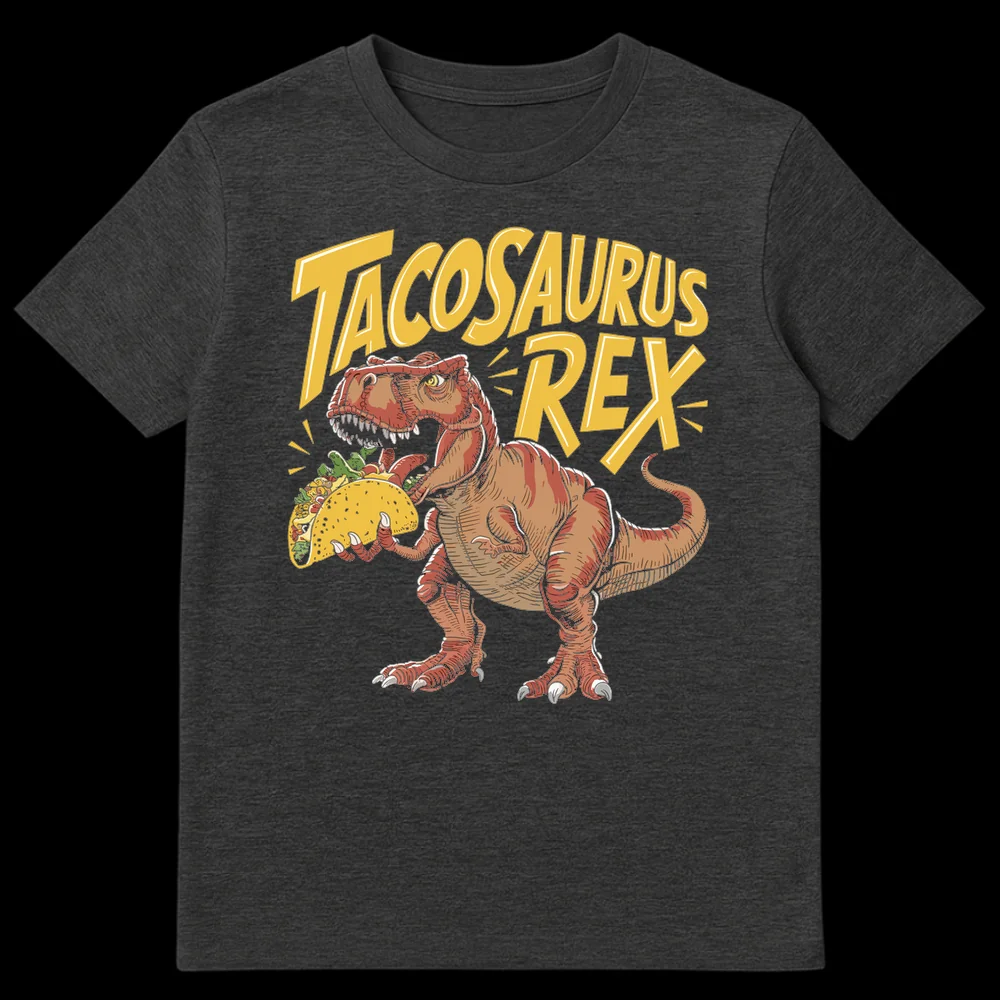 Humorous 'Tacosaurus Rex' t-shirt design showing a comic-style Tyrannosaurus Rex holding a large taco on Dark Heather t-shirt