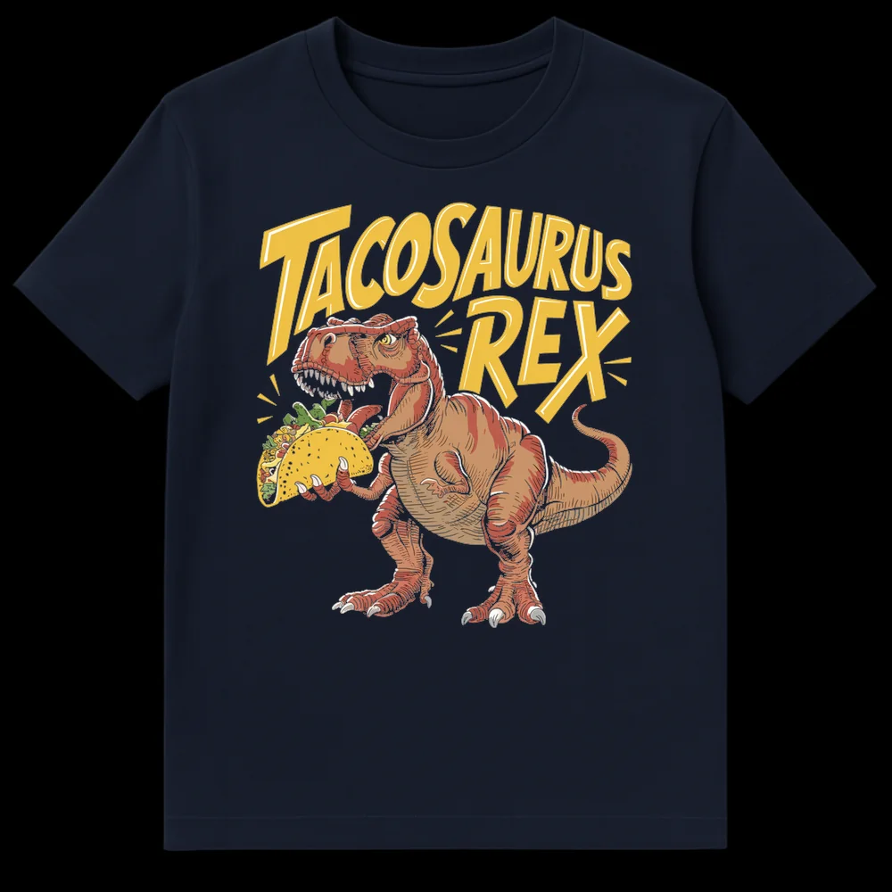 Humorous 'Tacosaurus Rex' t-shirt design showing a comic-style Tyrannosaurus Rex holding a large taco on Navy Blue t-shirt