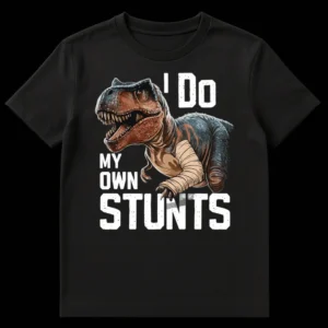 Humorous T-Rex dinosaur T-shirt with 'I Do My Own Stunts' text and a bandaged arm, on a black background on Black t-shirt